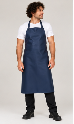 Kobalt blauw afwasschort gedragen door model