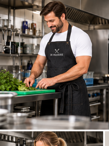 Zwart denim halterschort in professionele keuken