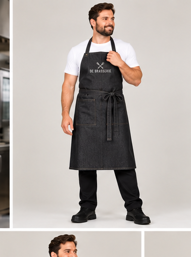Zwart denim halterschort gedragen door man