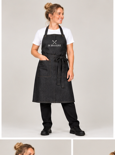 Zwart denim halterschort gedragen door vrouw