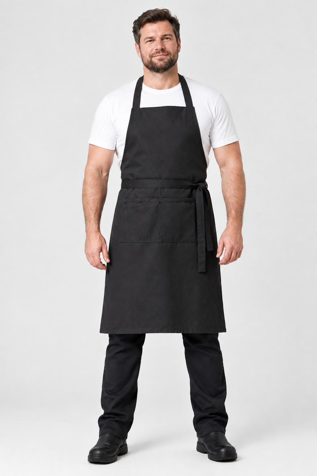 Groot halterschort gedragen door stevig model met wit shirt